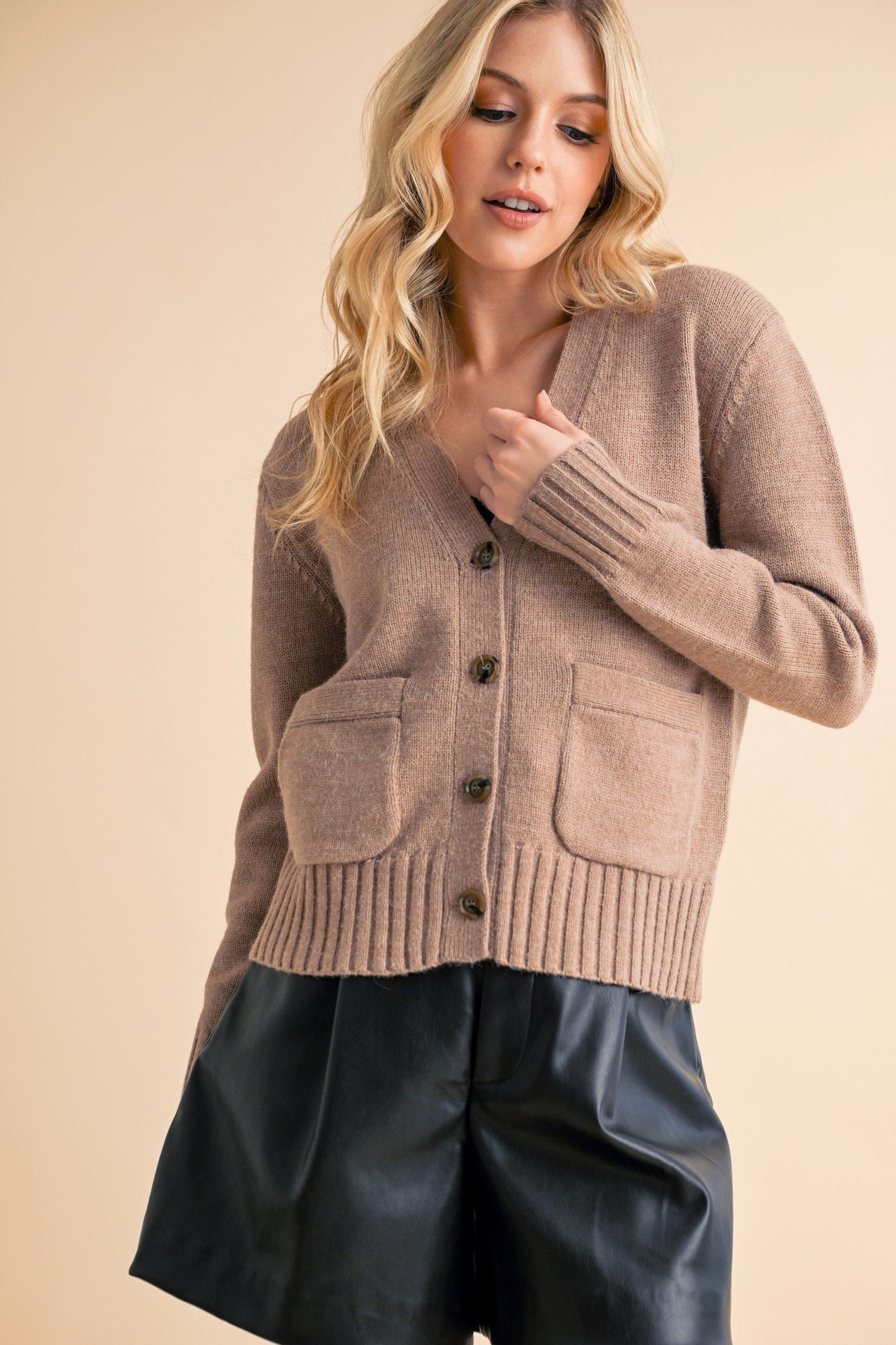 Aemi + Co Ribbed Hem Button down V-Neck Cardigan