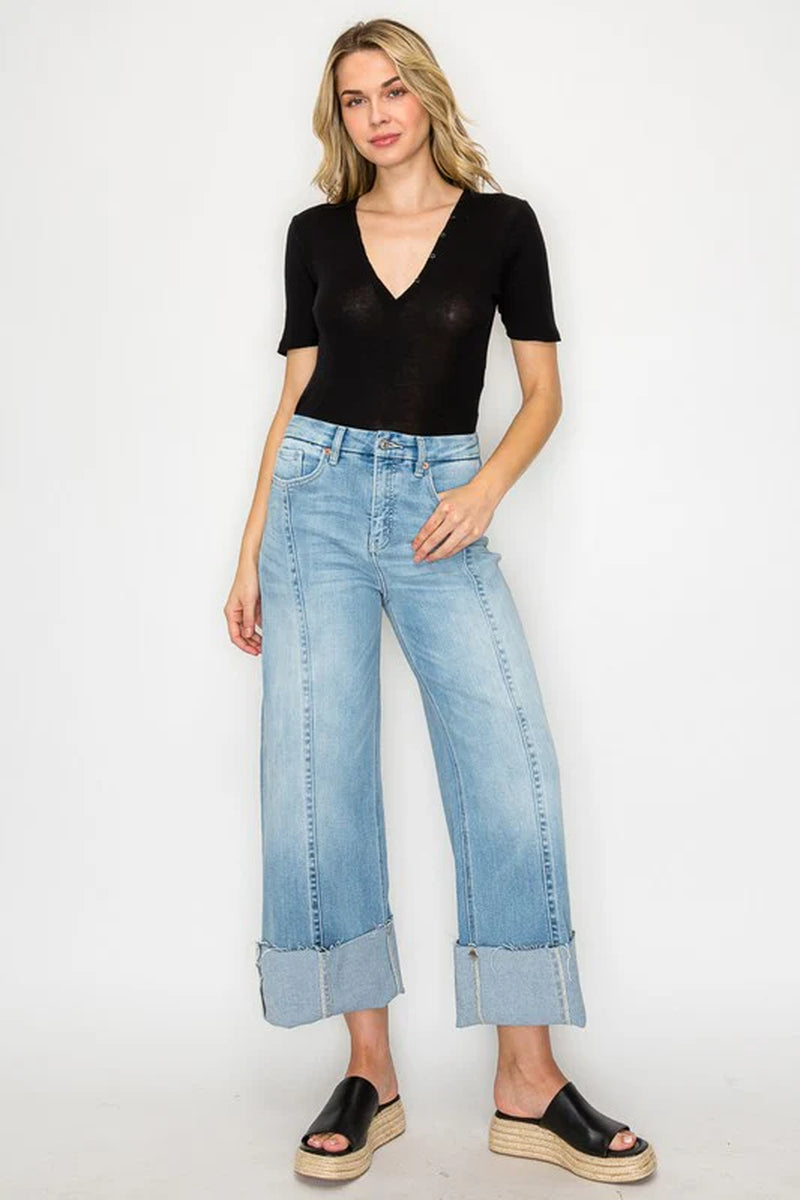 FRONT HEM DETAILING MID RISE BAGGY WIDE LEG JEANS