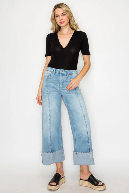 FRONT HEM DETAILING MID RISE BAGGY WIDE LEG JEANS