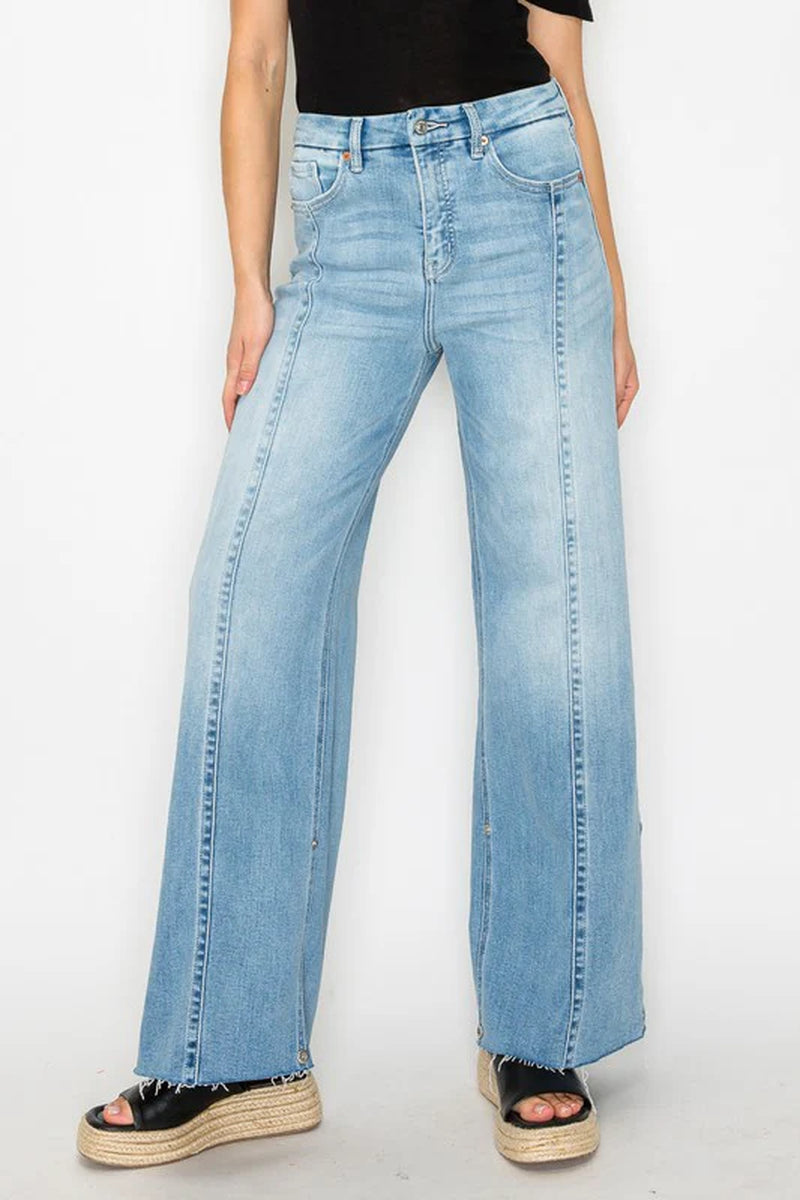 FRONT HEM DETAILING MID RISE BAGGY WIDE LEG JEANS