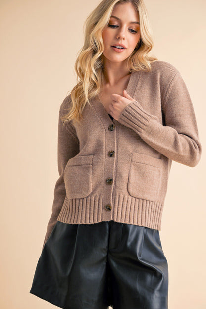 Aemi + Co Ribbed Hem Button down V-Neck Cardigan