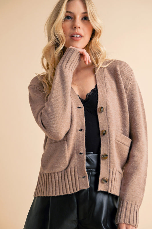 Aemi + Co Ribbed Hem Button down V-Neck Cardigan