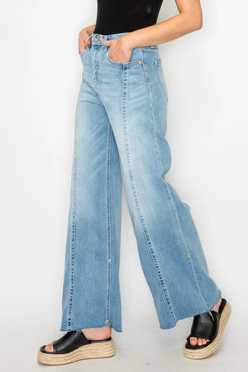 FRONT HEM DETAILING MID RISE BAGGY WIDE LEG JEANS