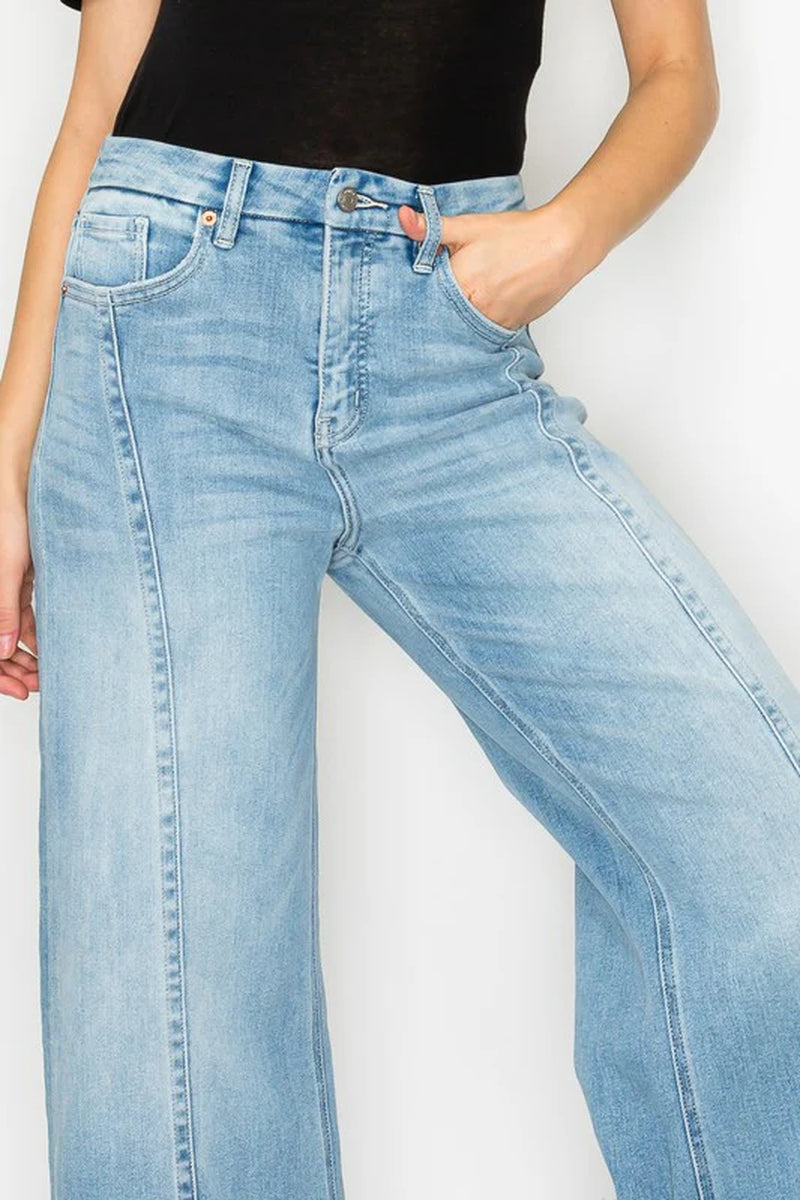 FRONT HEM DETAILING MID RISE BAGGY WIDE LEG JEANS
