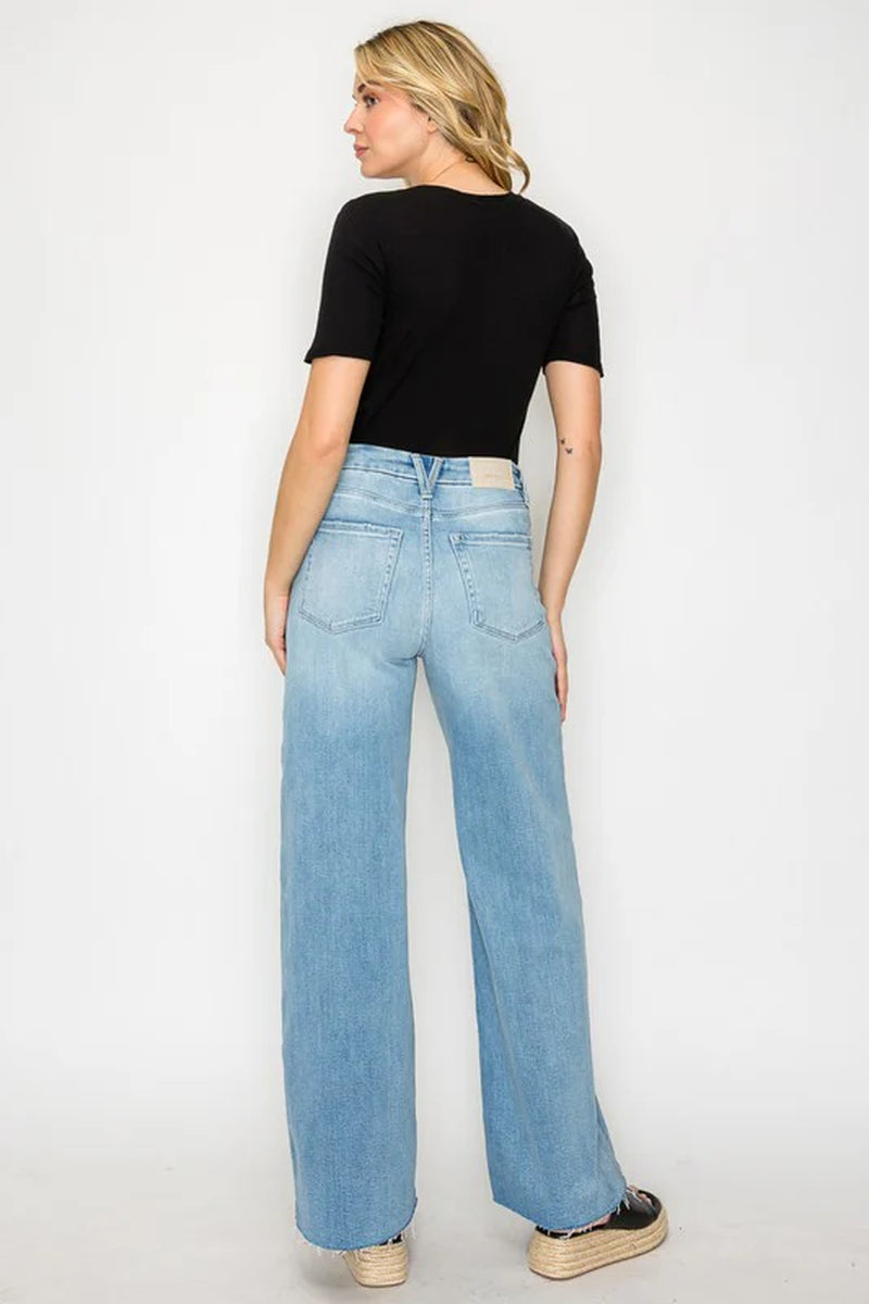 FRONT HEM DETAILING MID RISE BAGGY WIDE LEG JEANS