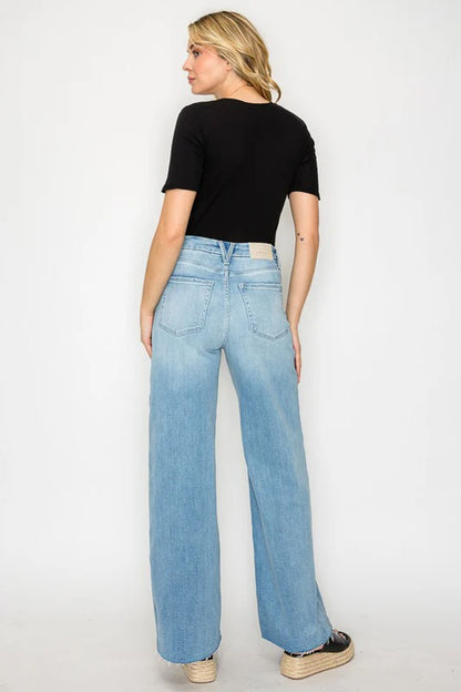 FRONT HEM DETAILING MID RISE BAGGY WIDE LEG JEANS