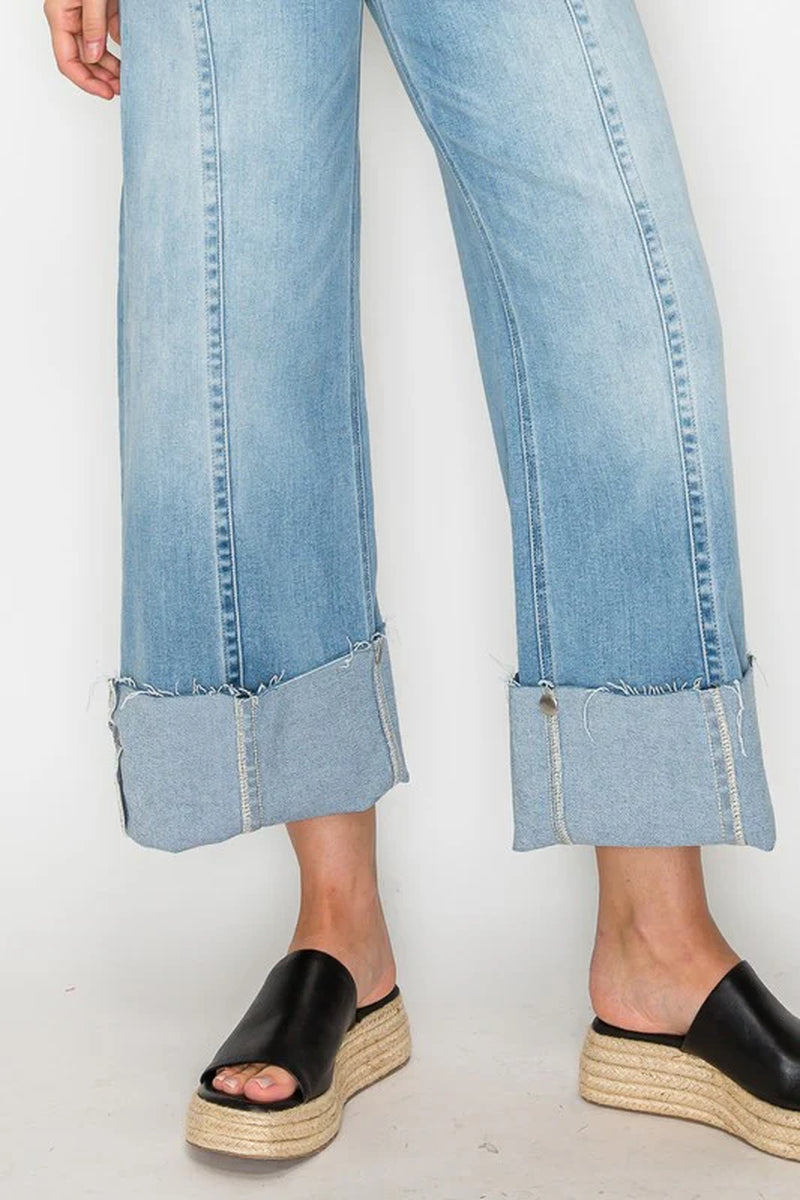 FRONT HEM DETAILING MID RISE BAGGY WIDE LEG JEANS