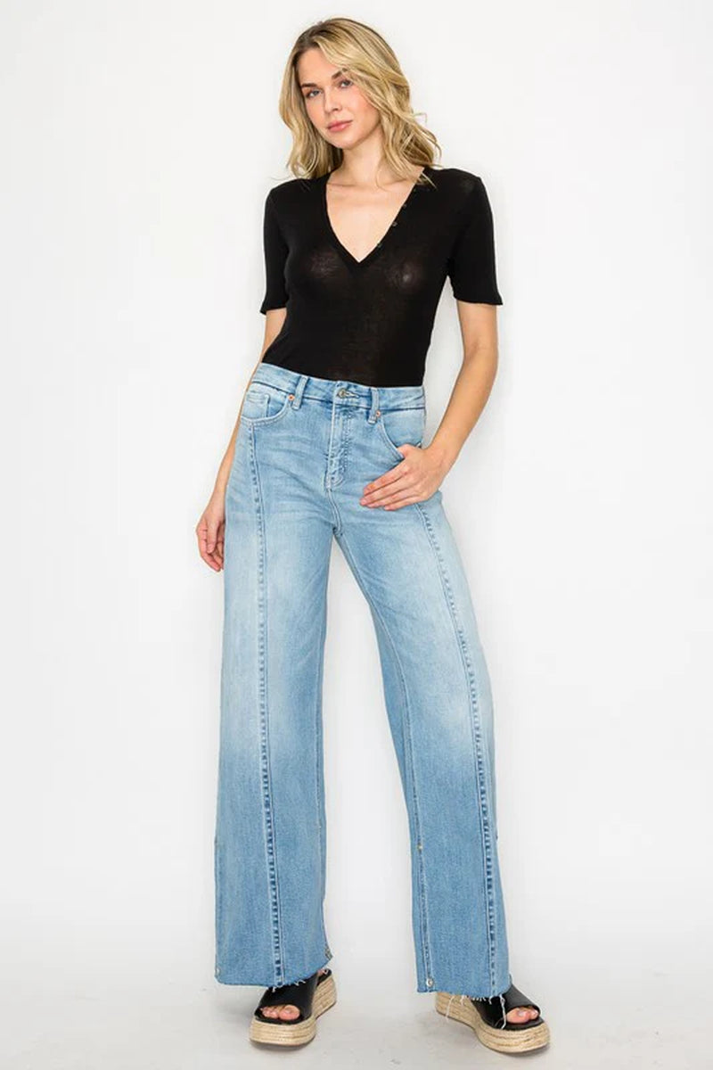 FRONT HEM DETAILING MID RISE BAGGY WIDE LEG JEANS