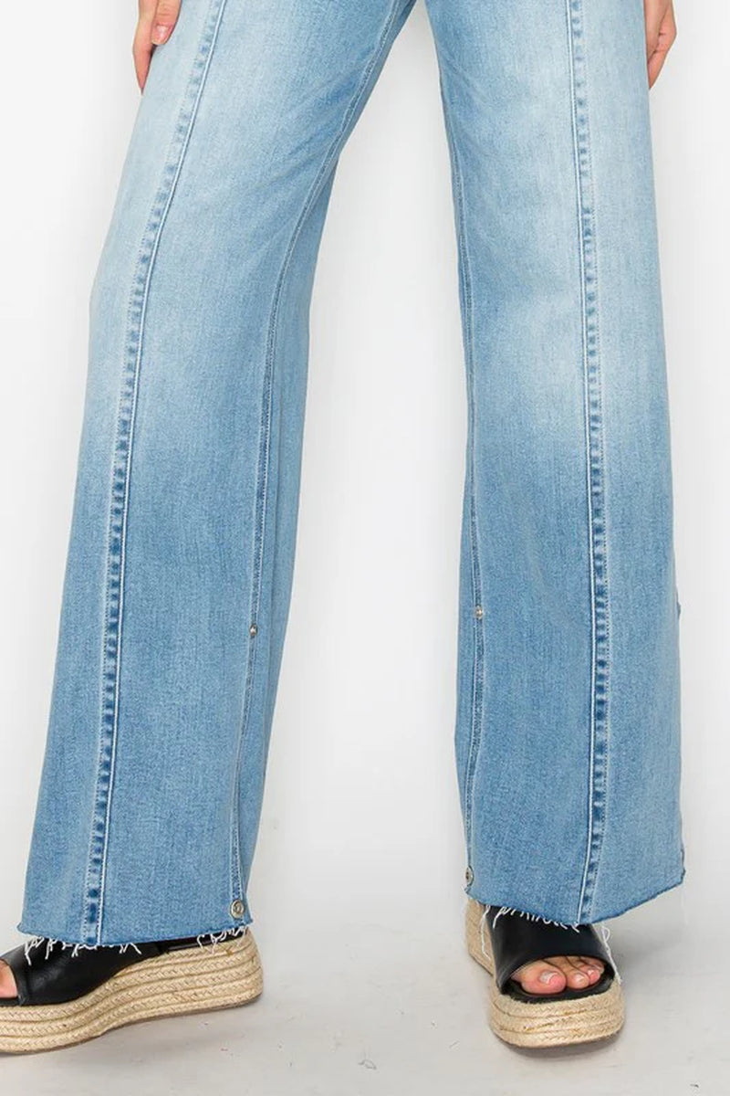 FRONT HEM DETAILING MID RISE BAGGY WIDE LEG JEANS