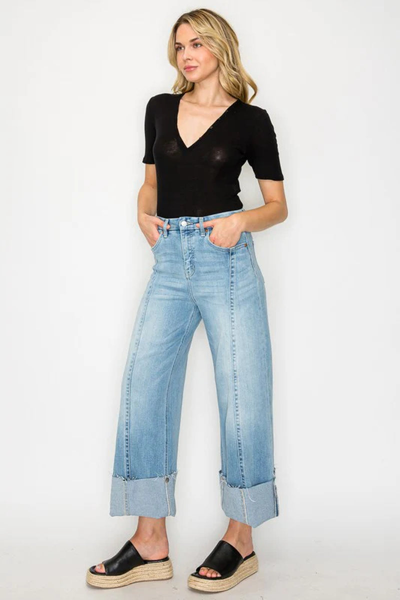 FRONT HEM DETAILING MID RISE BAGGY WIDE LEG JEANS